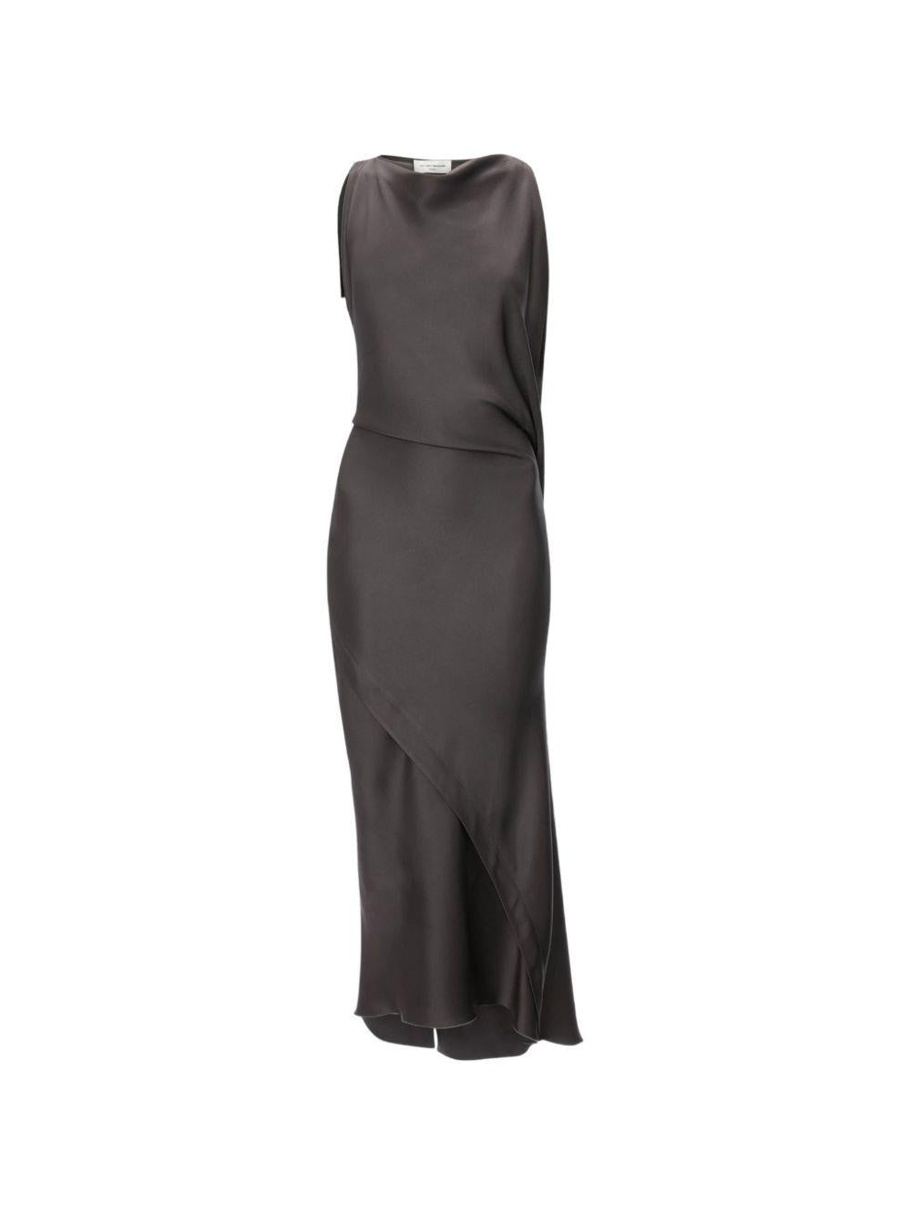 VICTORIA BECKHAM Abito midi Kyra in raso crêpe marrone con orlo asimmetrico
