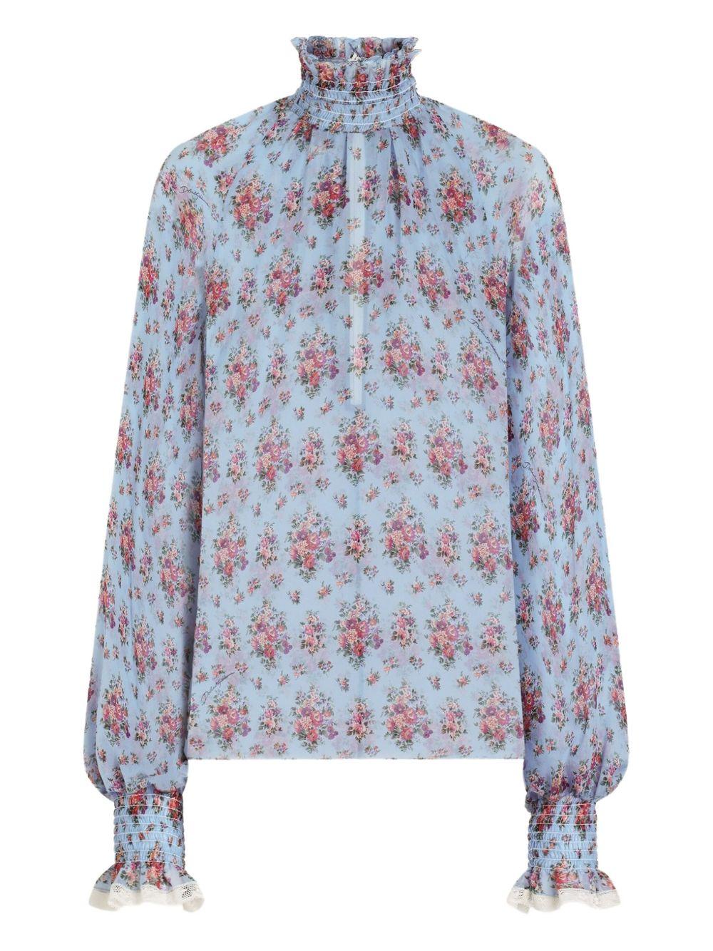 DOLCE e GABBANA Blusa in cotone azzurro con stampa floreale e collo alto