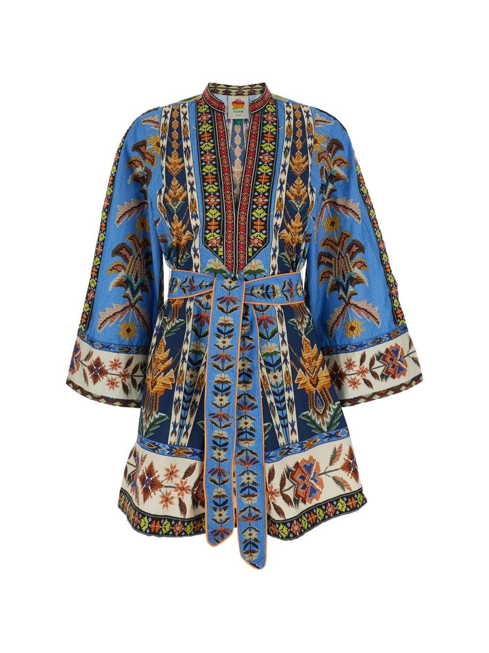 FARM RIO Abito corto blu con fantasia etnica floreale