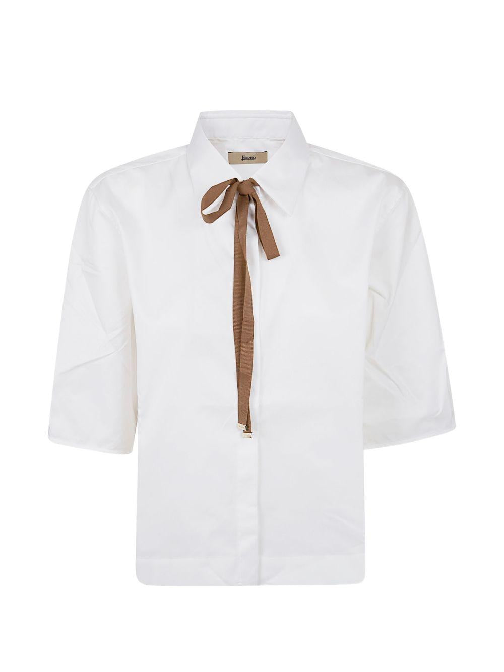 HERNO Camicia in cotone bianco con fiocco marrone