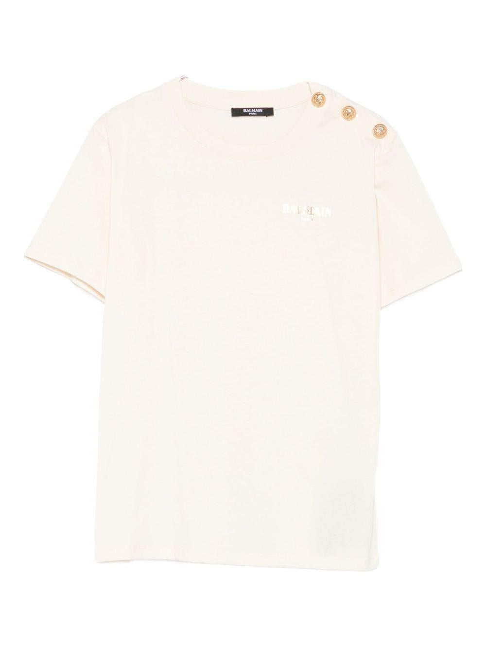 BALMAIN T-shirt in cotone beige con bottoni dorati