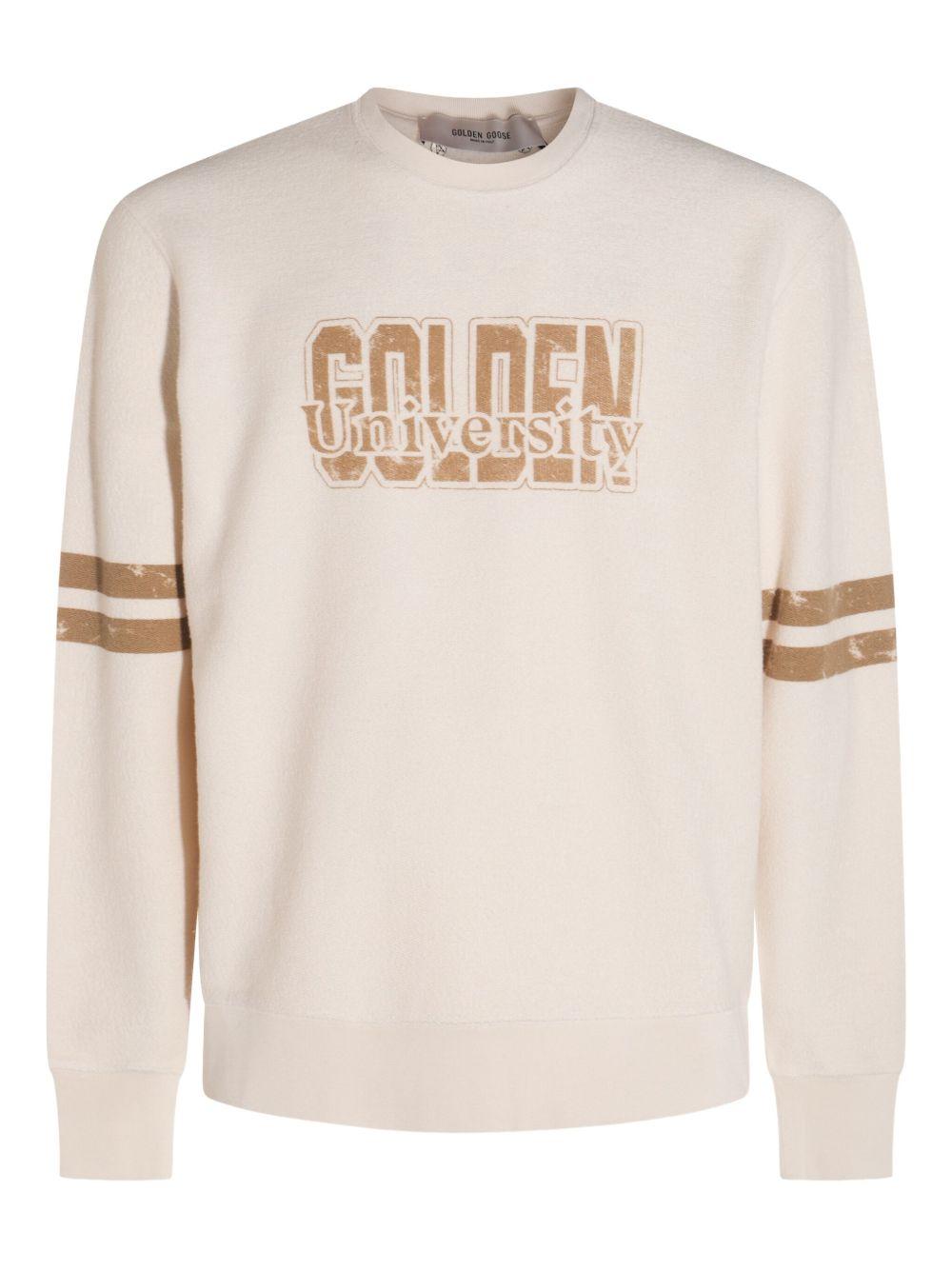 GOLDEN GOOSE Felpa girocollo in cotone beige con logo e strisce