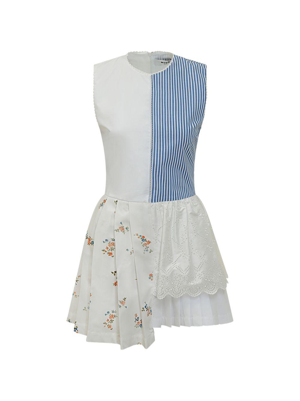 MSGM Mini dress con corpetto a righe e stampa floreale in cotone bianco e blu
