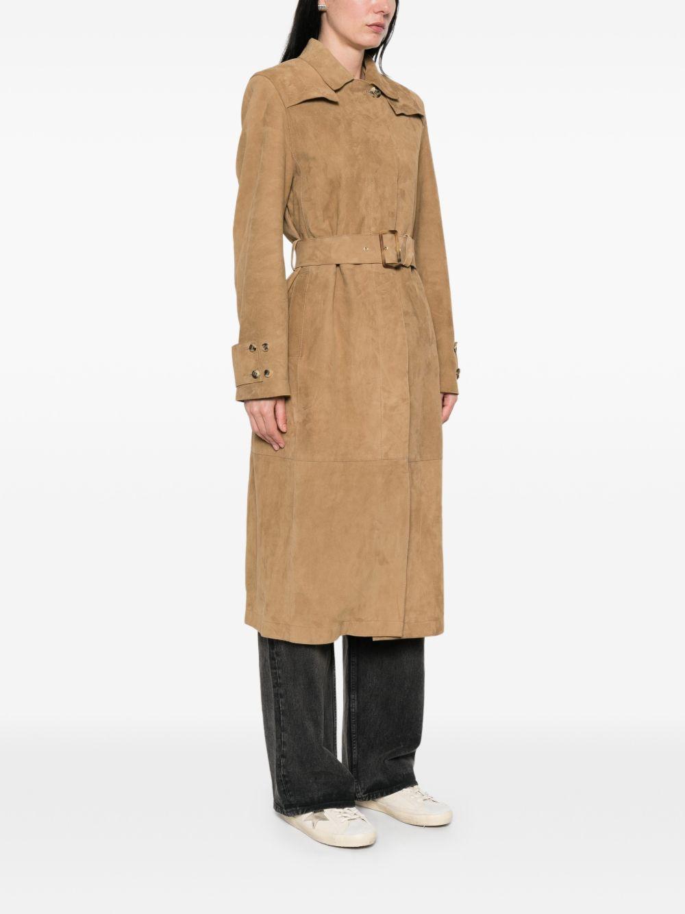 GOLDEN GOOSE Trench lungo in pelle scamosciata beige con cintura