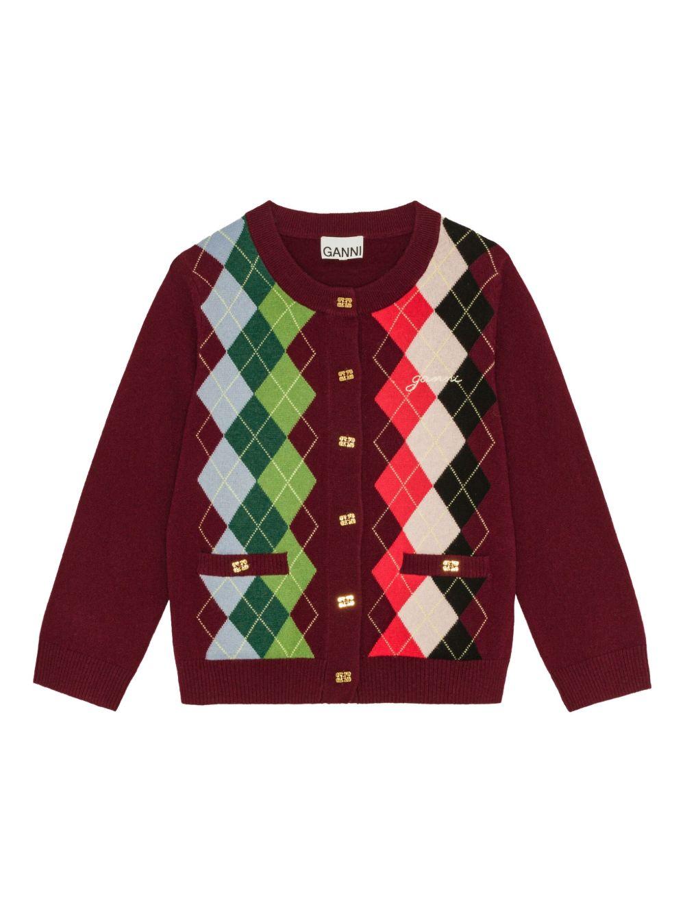 GANNI Cardigan in misto lana bordeaux con rombi