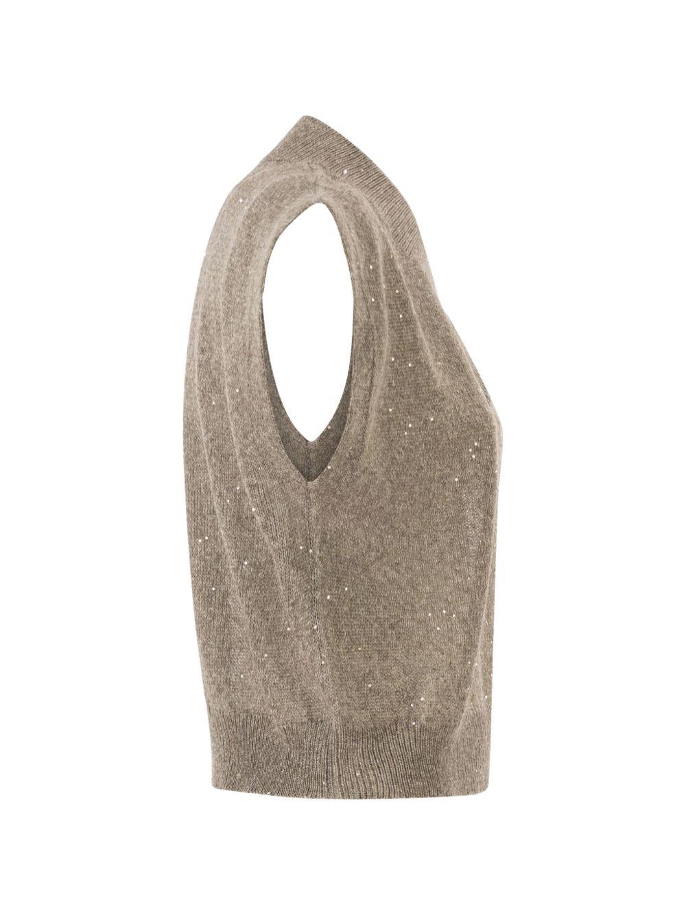 BRUNELLO CUCINELLI Gilet in maglia marrone con scollo a V e finiture a coste