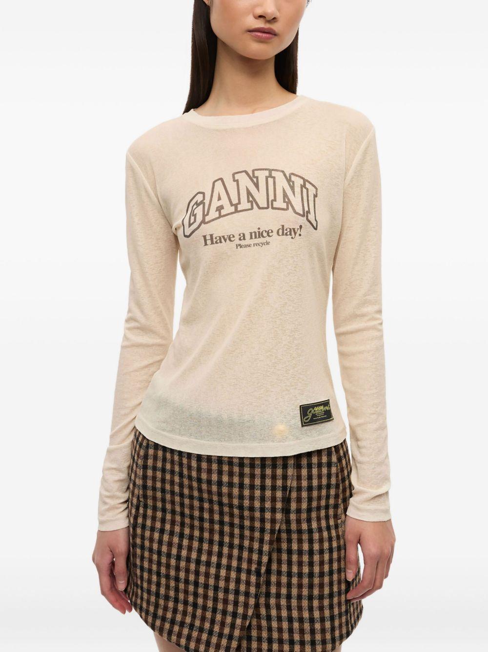 GANNI T-Shirt a maniche lunghe semitrasparente con logo