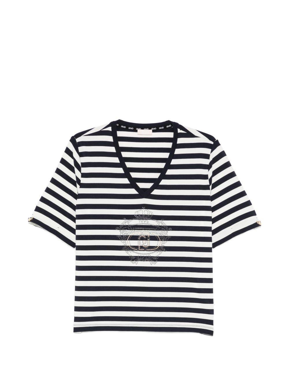 LIUJO T-shirt bianca a righe blu con scollo a V