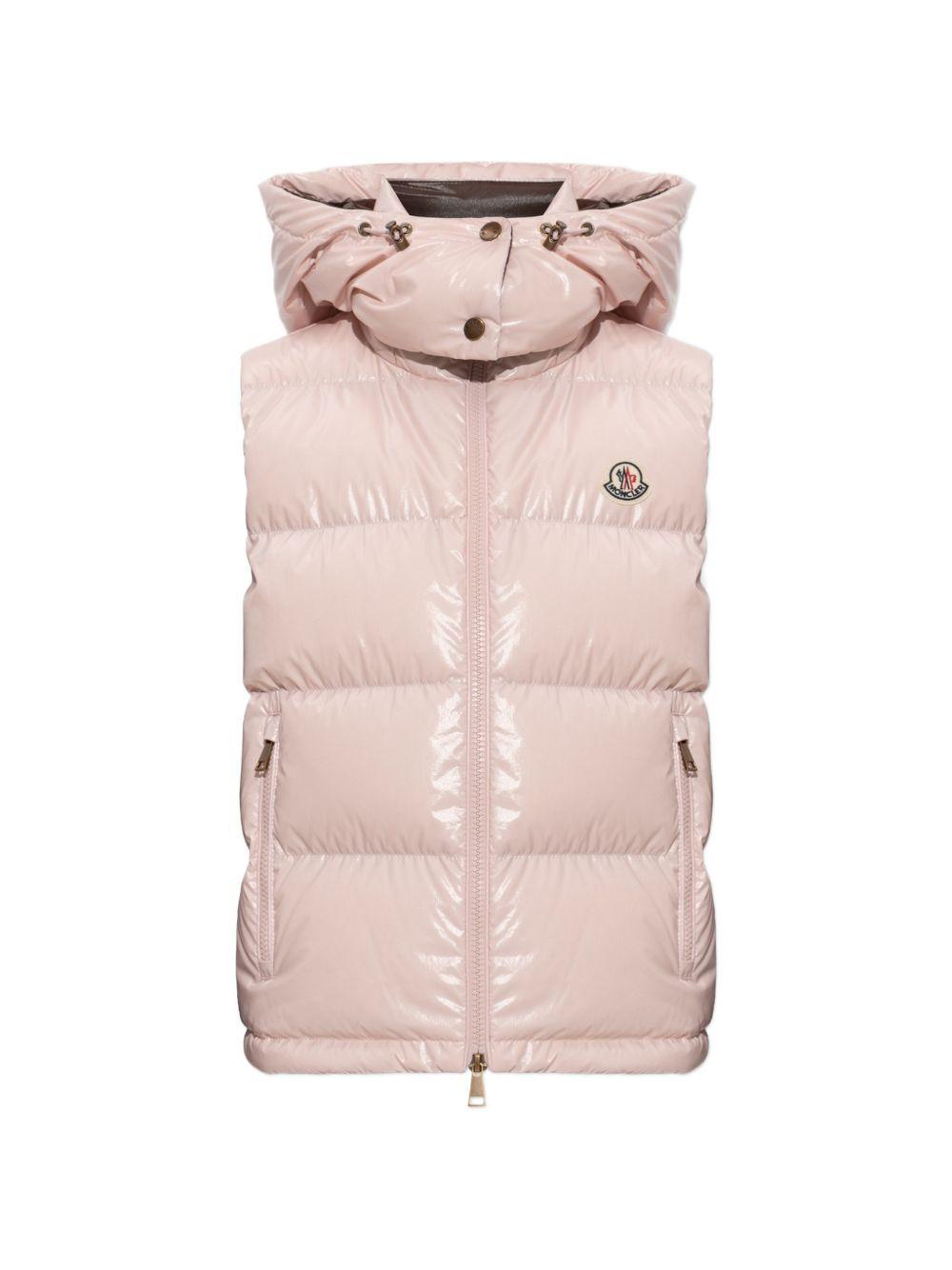 MONCLER Gilet imbottito rosa con cappuccio e tasche laterali