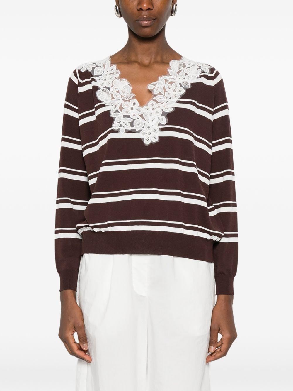 ERMANNO FIRENZE Maglia a righe con scollo a V impreziosito da pizzo bianco