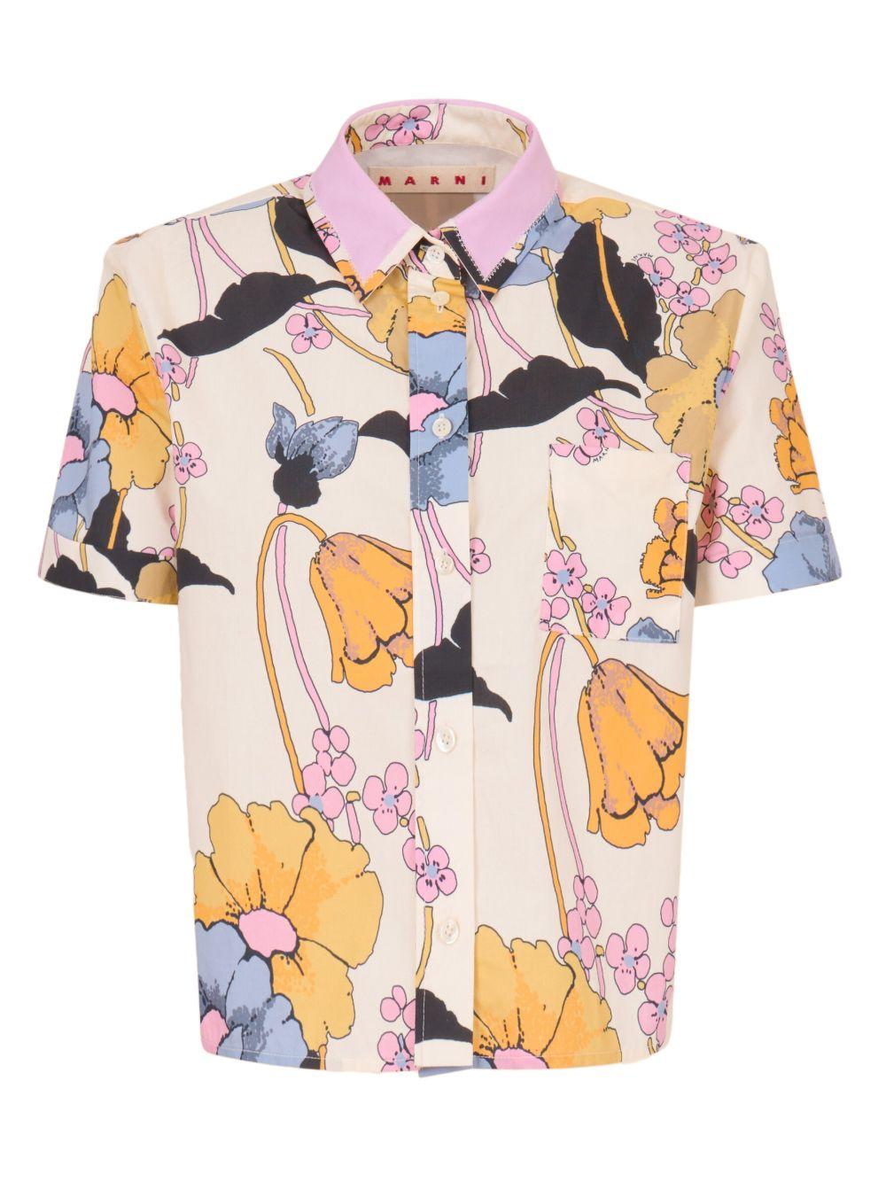 MARNI Camicia rosa a maniche corte con grafica florale