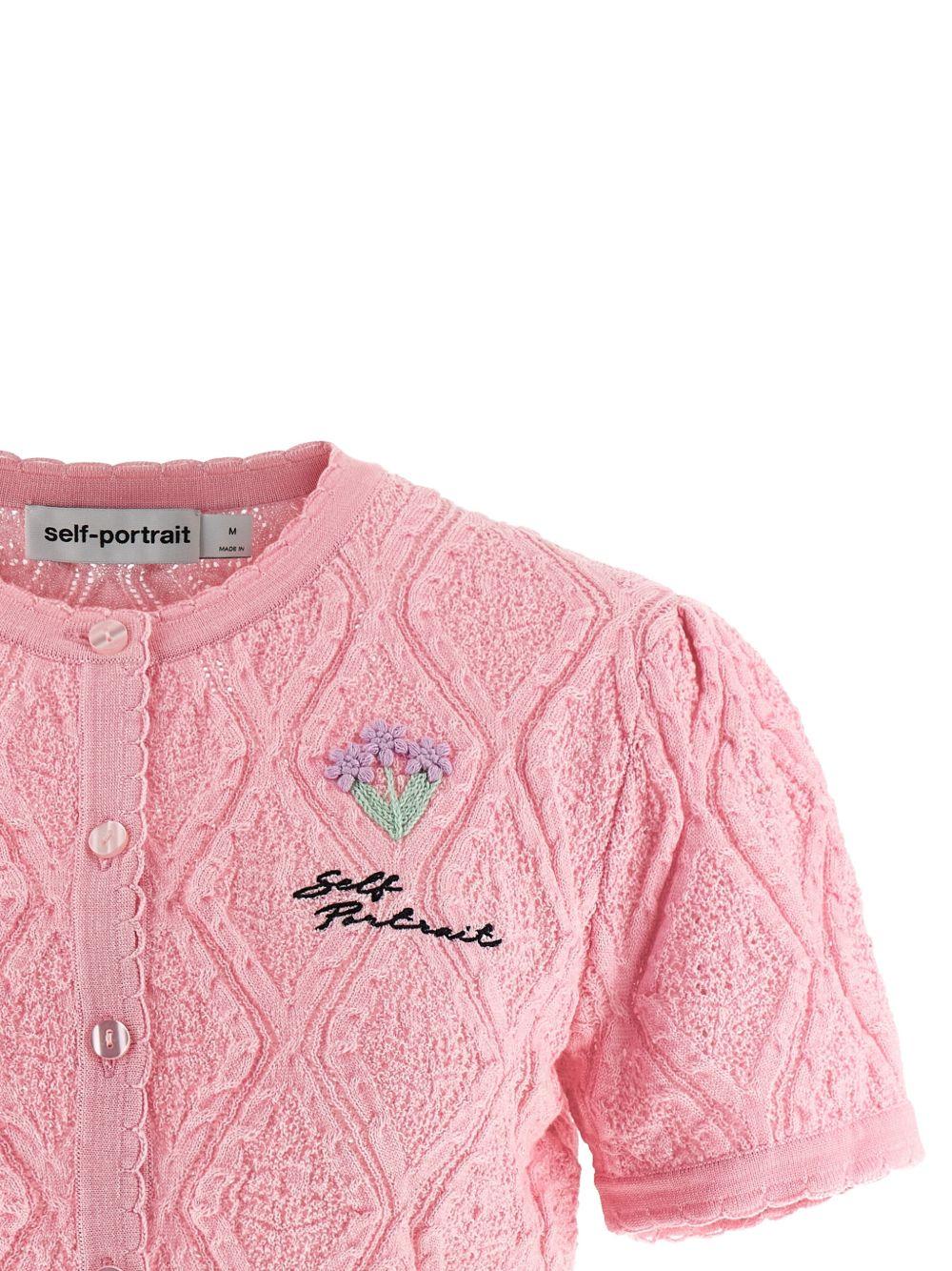SELF PORTRAIT Cardigan corto rosa con ricamo fiori e logo
