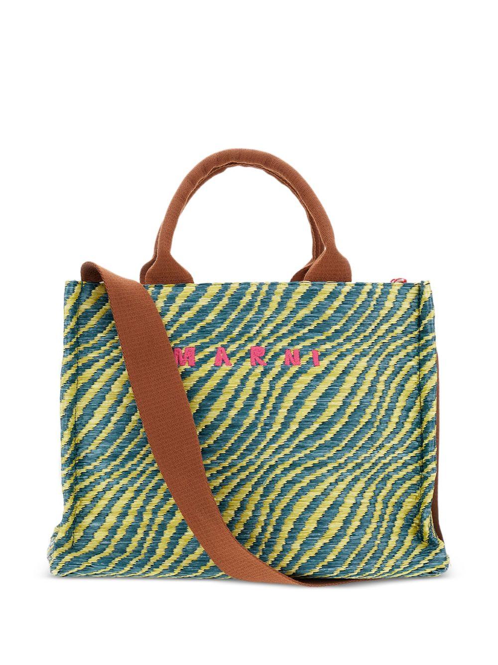 MARNI Borsa tote motivo zebrato verde e giallo con logo e tracolla