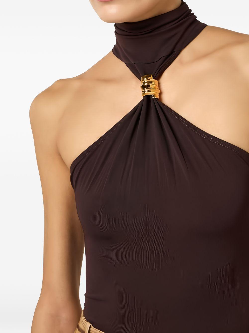 ELISABETTA FRANCHI Body a collo alto con dettagli drappeggiati e gioiello