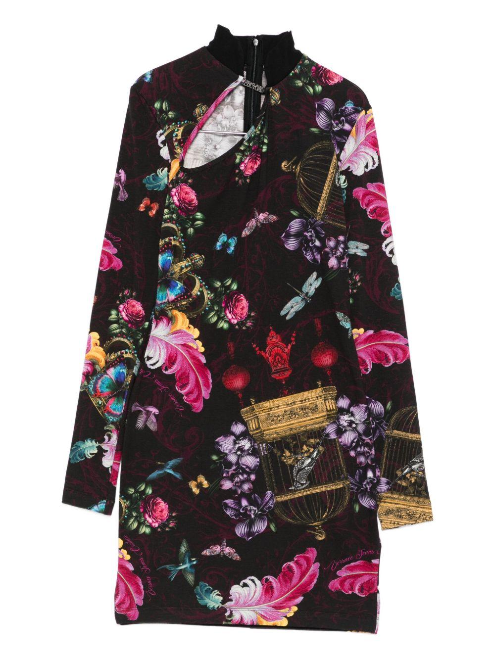 VERSACE JEANS COUTURE Abito corto nero in cotone con stampa floreale