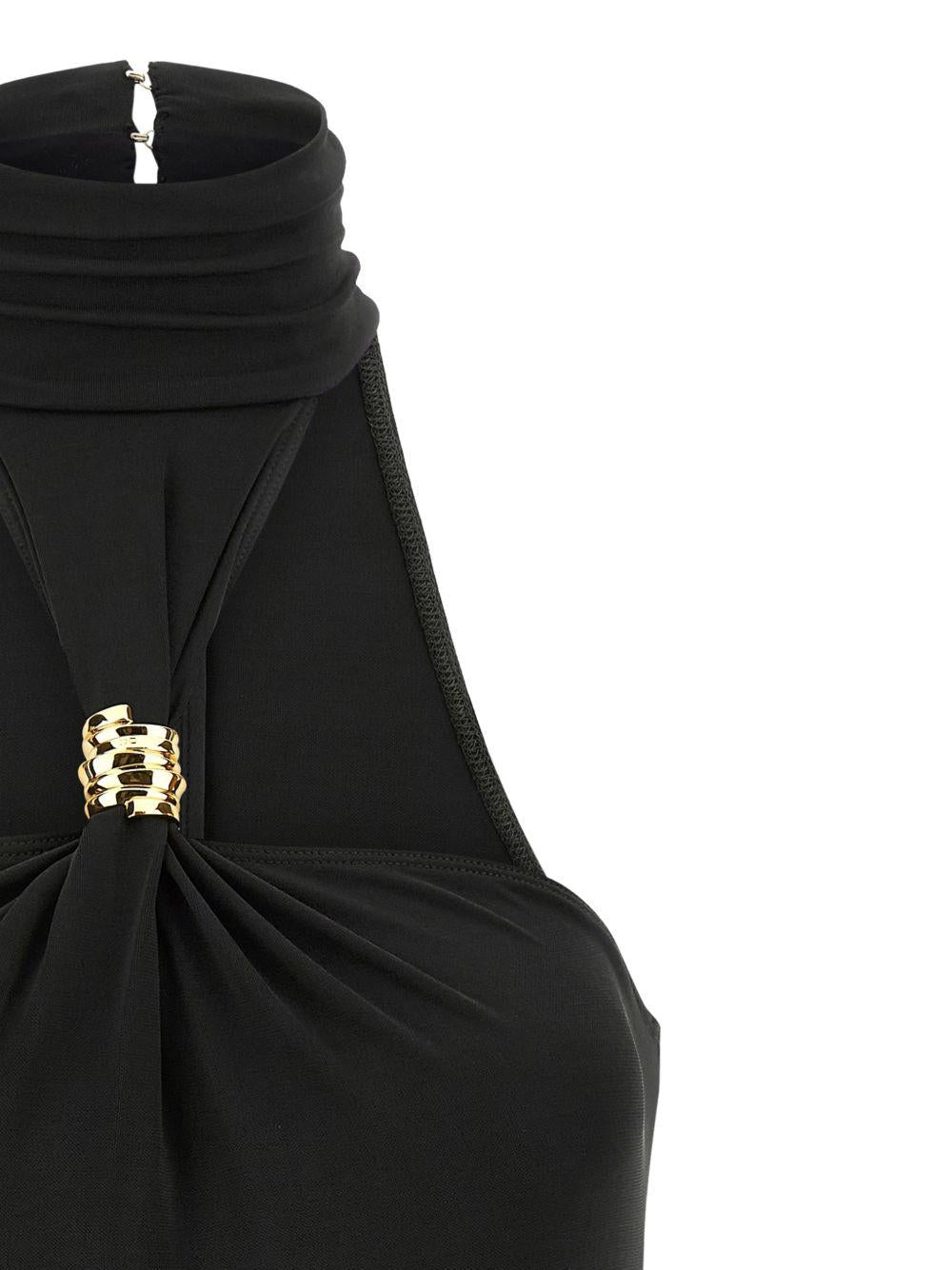 ELISABETTA FRANCHI Body a collo alto con dettagli drappeggiati e gioiello