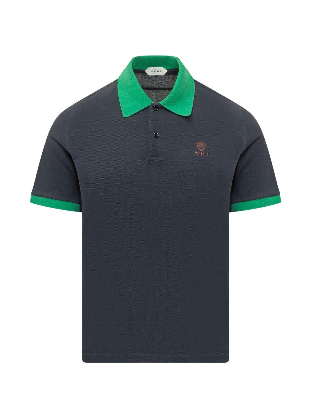 VERSACE Polo in cotone blu e verde con logo