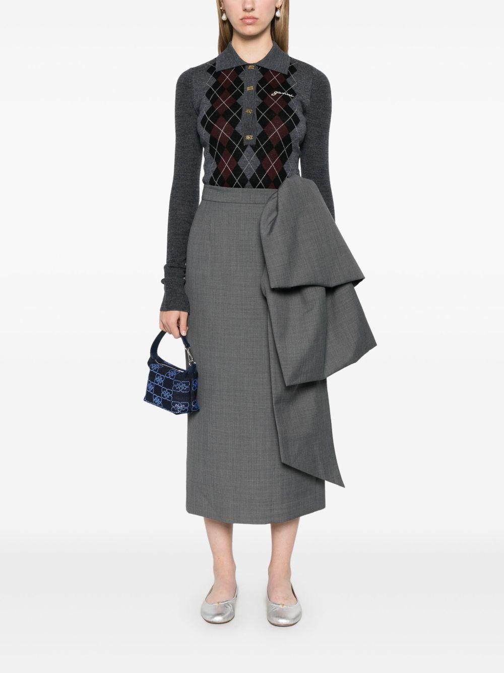 GANNI Polo a maniche lunghe in lana merino con intarsio a rombi