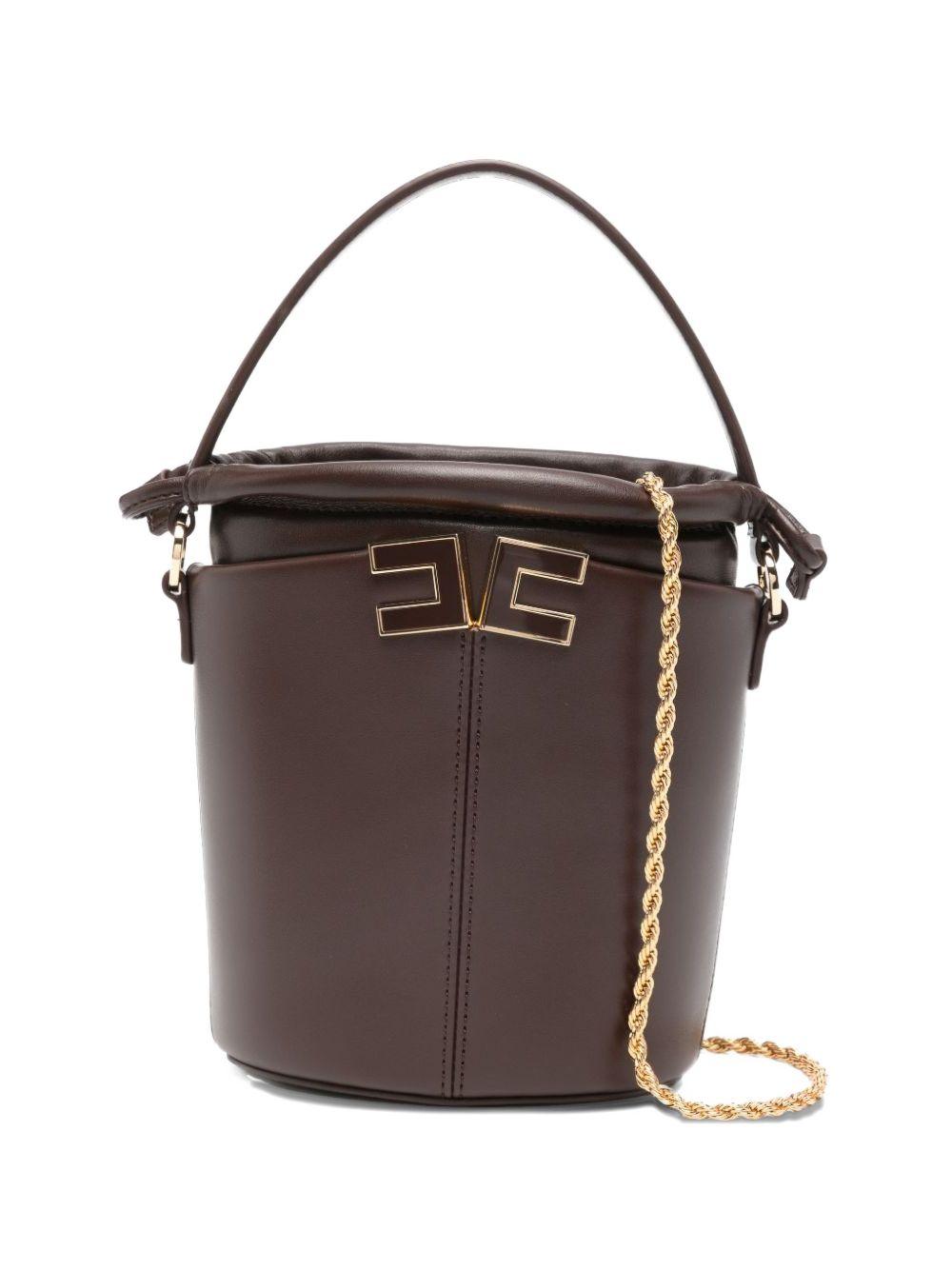ELISABETTA FRANCHI Borsa a secchiello in pelle marrone con logo e tracolla