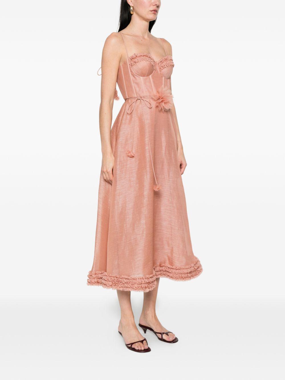 ZIMMERMANN Abito midi rosa in lino misto seta con corpetto a bustino