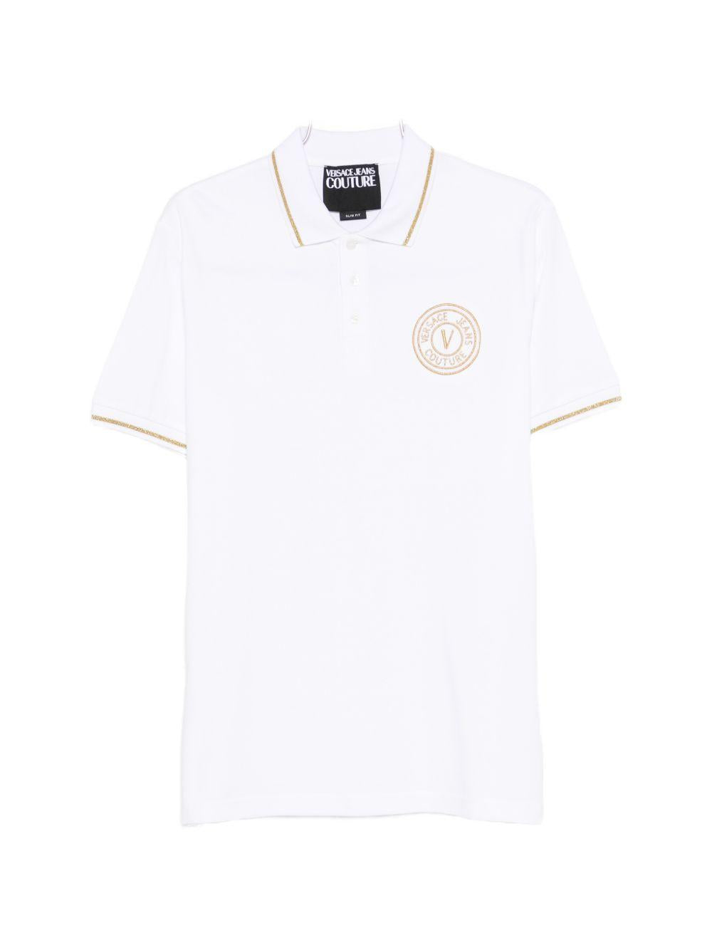 VERSACE JEANS COUTURE Polo in cotone bianco con logo oro