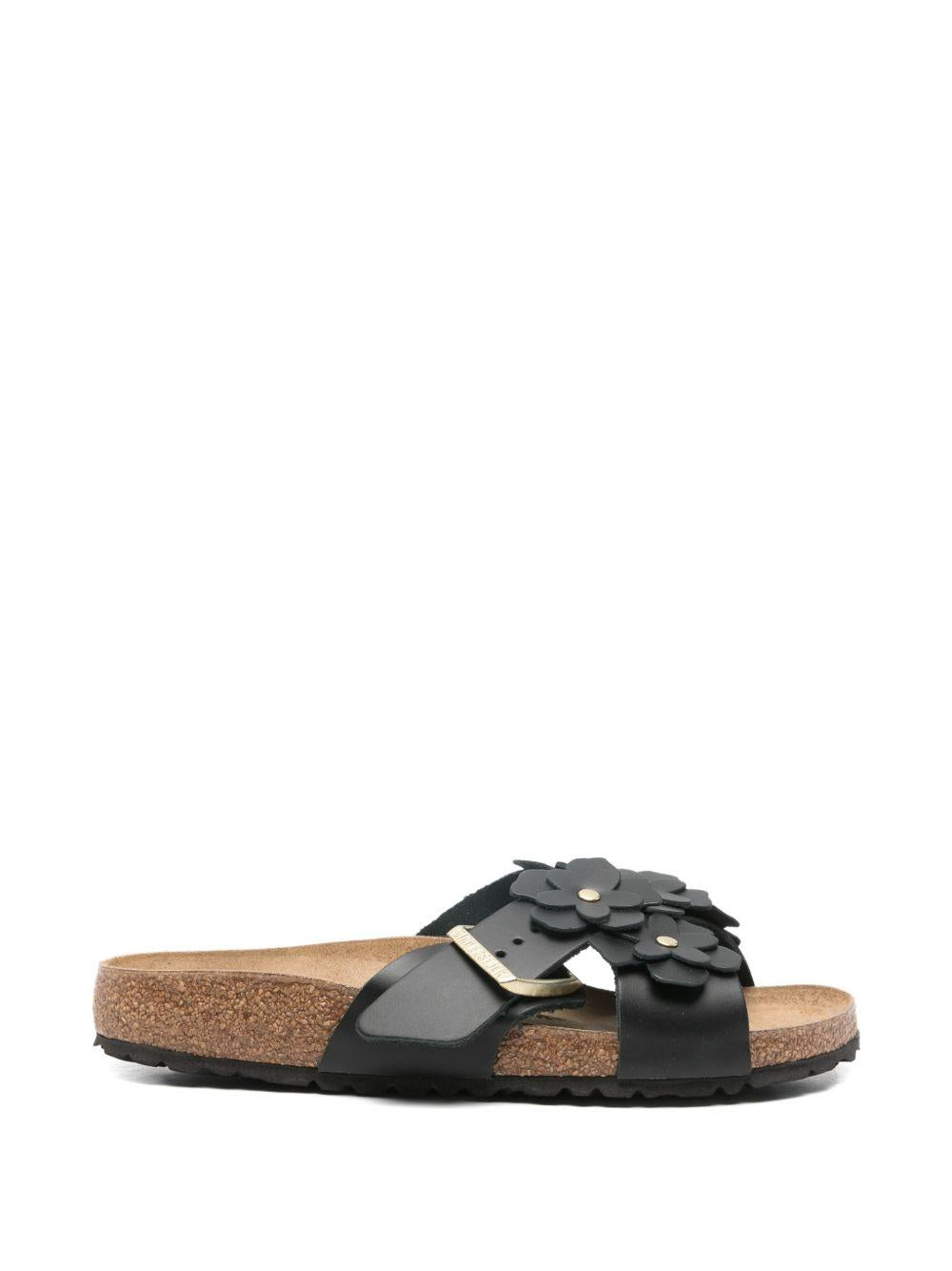 BIRKENSTOCK Ciabatte Siena in pelle naturale nera con dettagli floreali