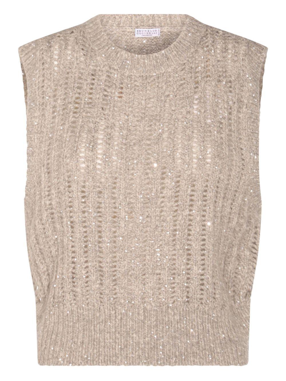 BRUNELLO CUCINELLI Gilet in maglia beige girocollo