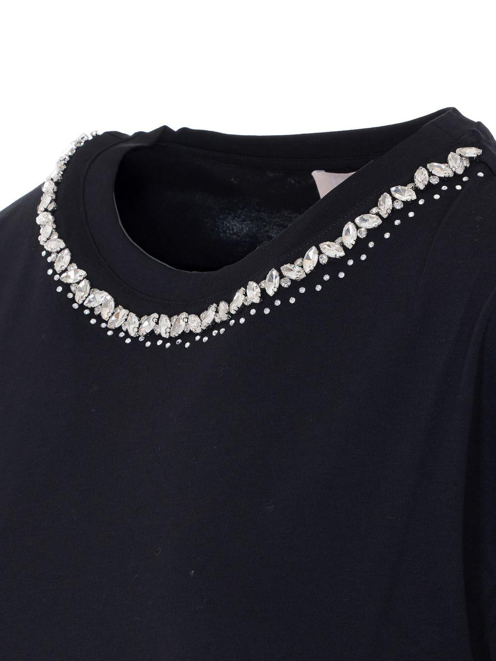 LIUJO T-shirt a maniche corte in cotone nero con decorazione girocollo