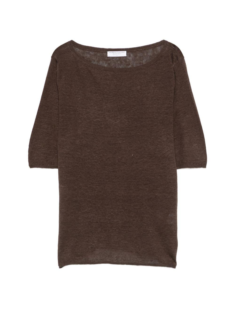 MAJESTIC FILATURES T-shirt a maniche corte con scollo a barca marrone