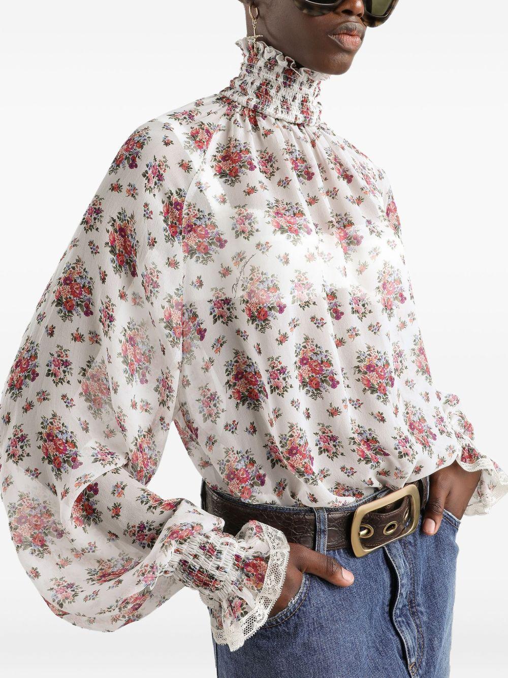 DOLCE e GABBANA Blusa in cotone bianco con stampa floreale e collo alto