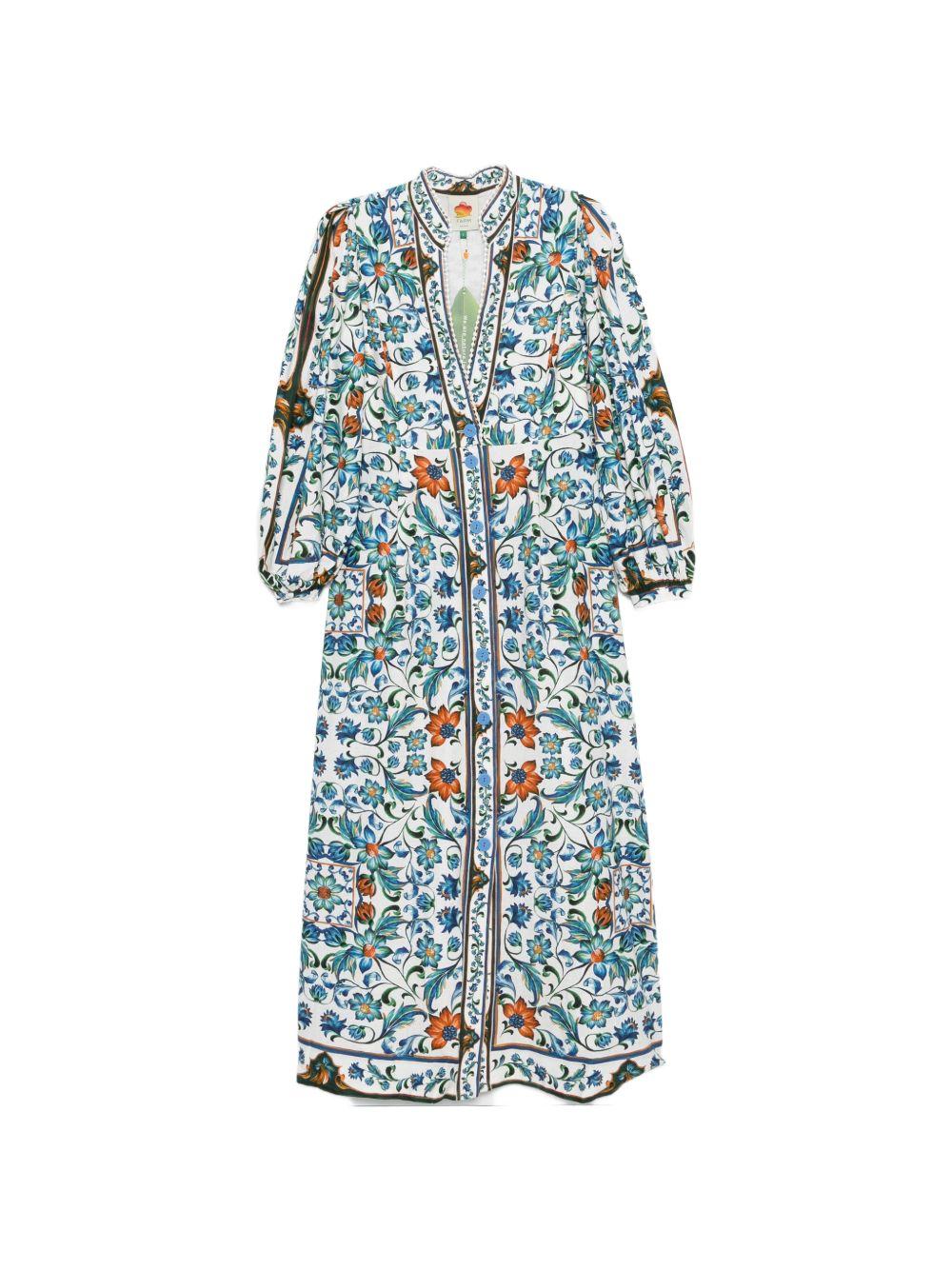 FARM RIO Abito lungo con stampa floreale blu e scollo a V