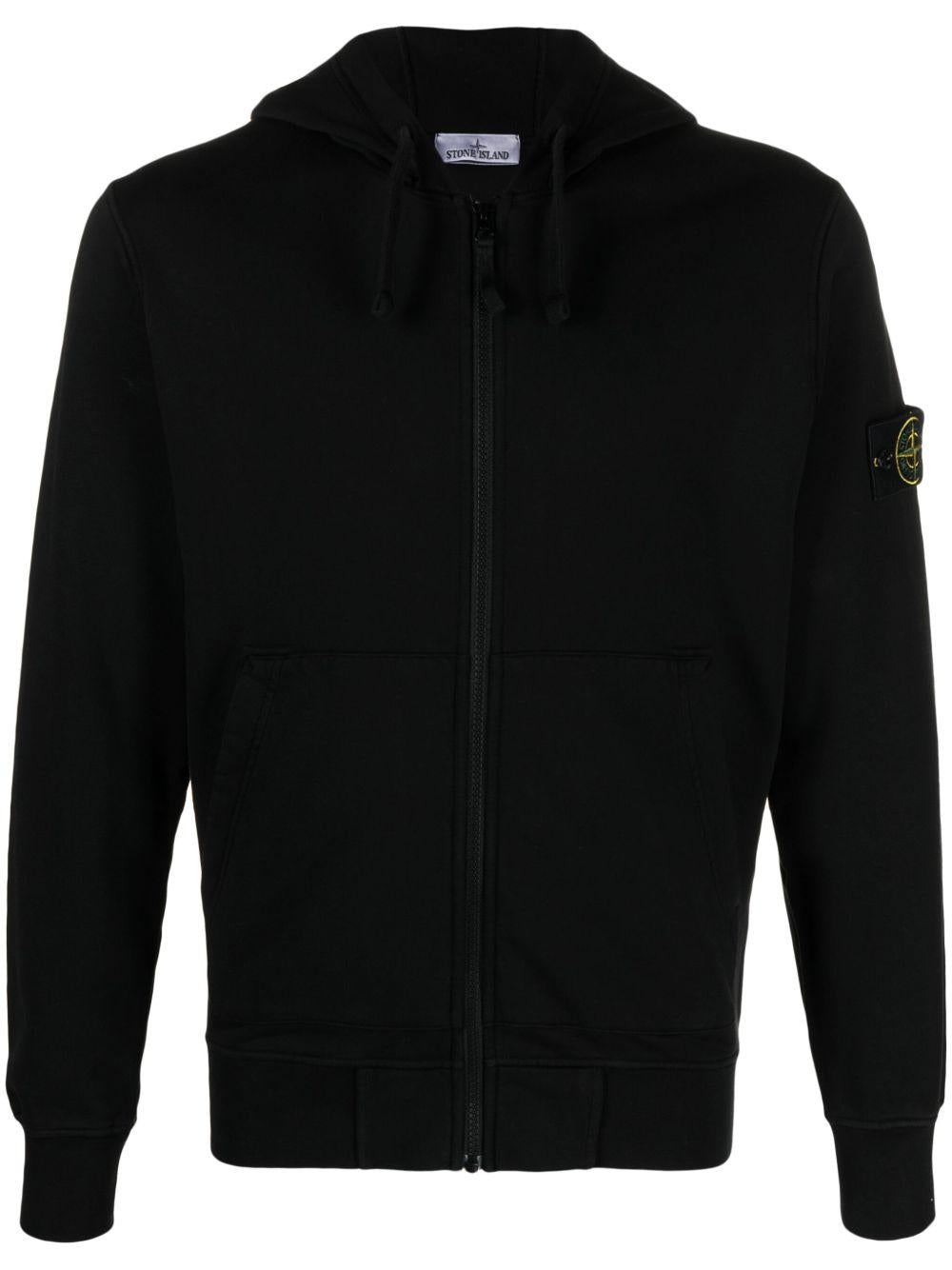 STONE ISLAND Felpa in cotone nero con cappuccio e zip