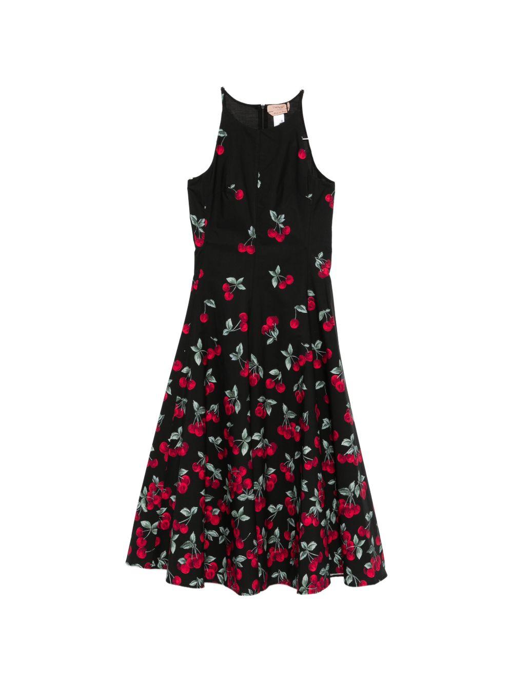 TWINSET Abito midi svasato sul fondo in cotone con stampa ciliegie