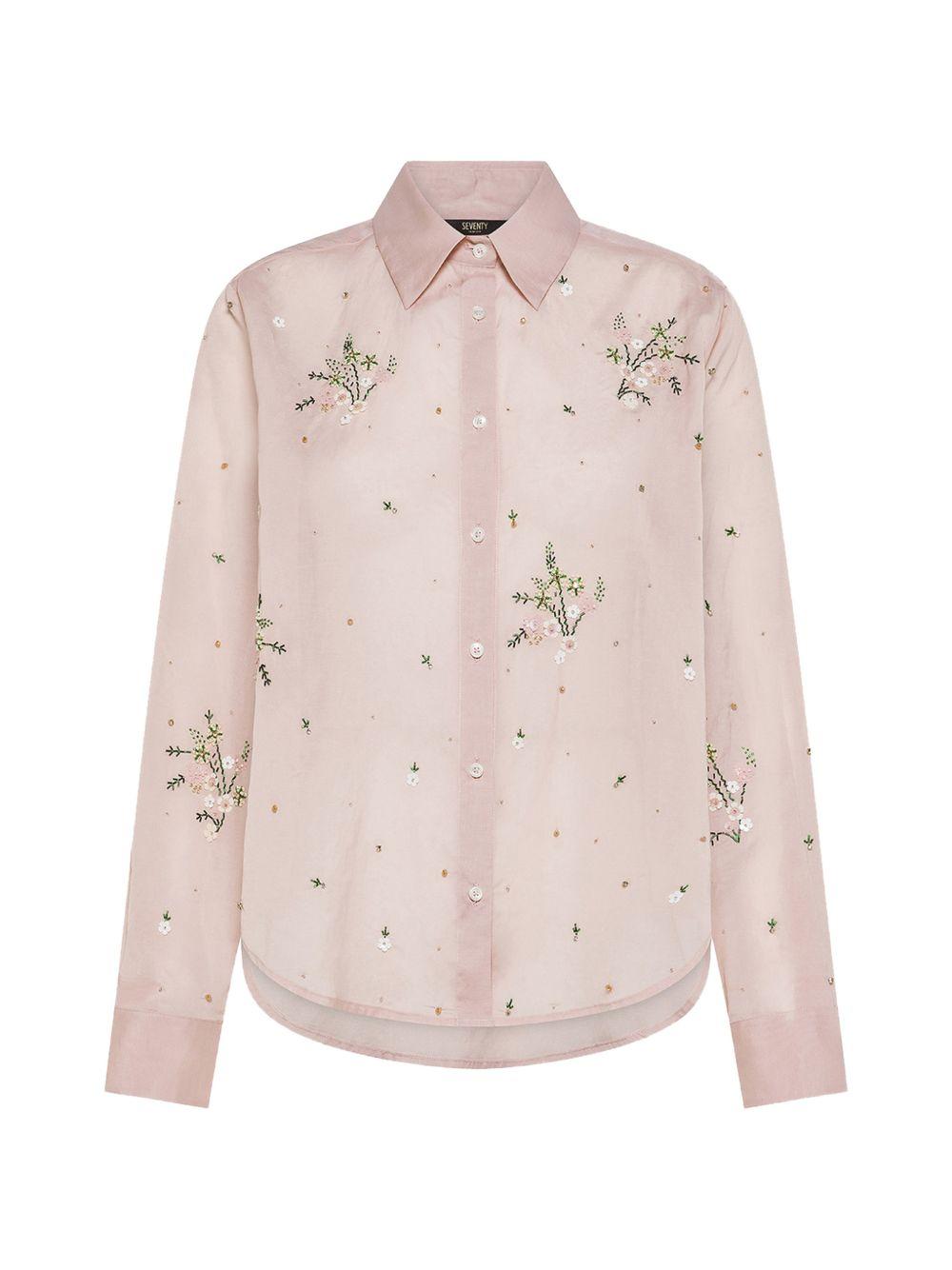 SEVENTY Camicia rosa con fiori ricamati e strass