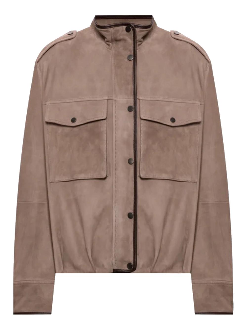 BRUNELLO CUCINELLI Giacca in suede marrone con spalline e tasche