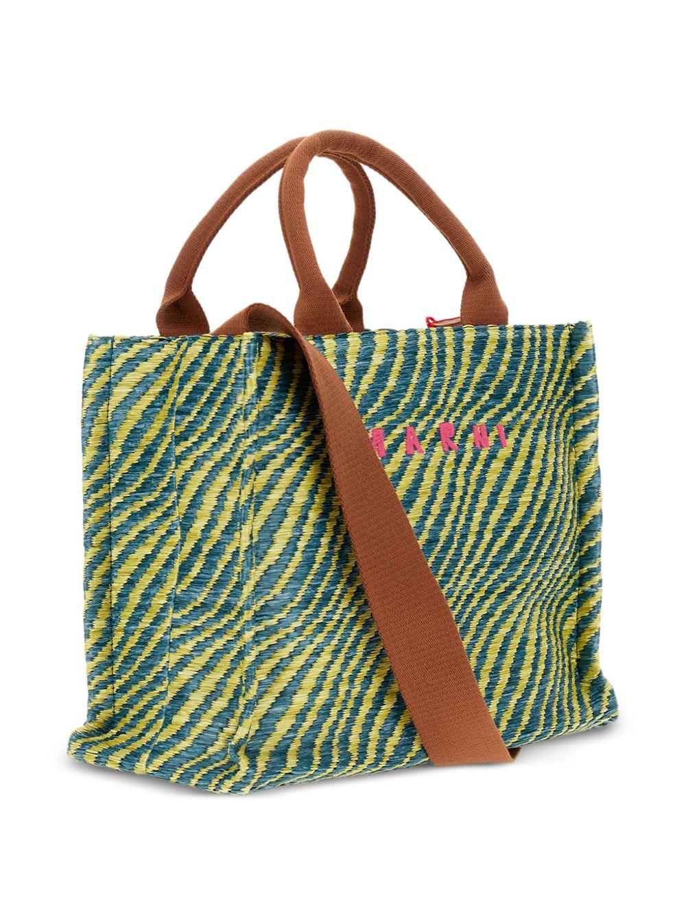 MARNI Borsa tote motivo zebrato verde e giallo con logo e tracolla