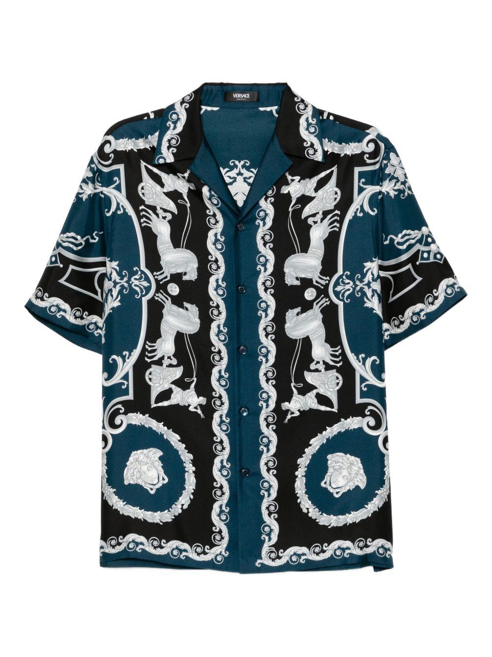 VERSACE Camicia in seta blu con stampa