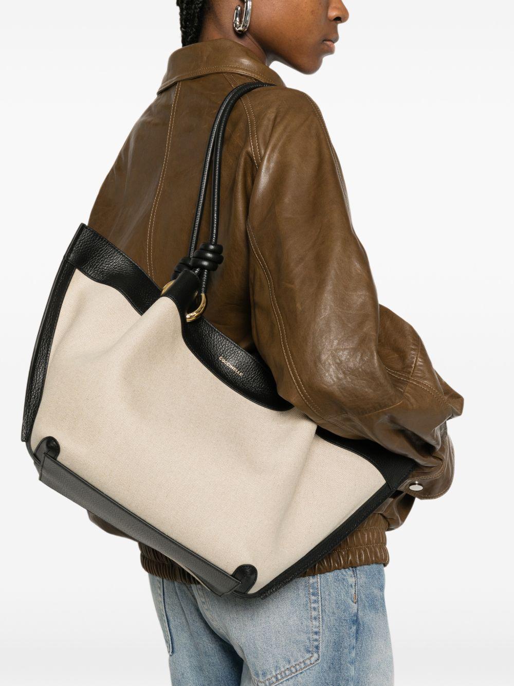 COCCINELLE Borsa a spalla in lino ed ecopelle nera