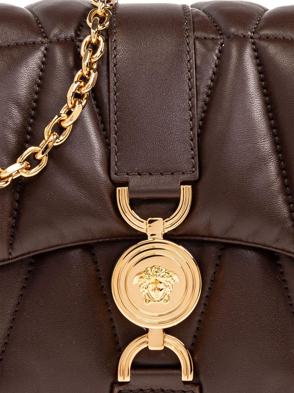 VERSACE Borsa a spalla trapuntata 'Kleio' in pelle di agnello marrone
