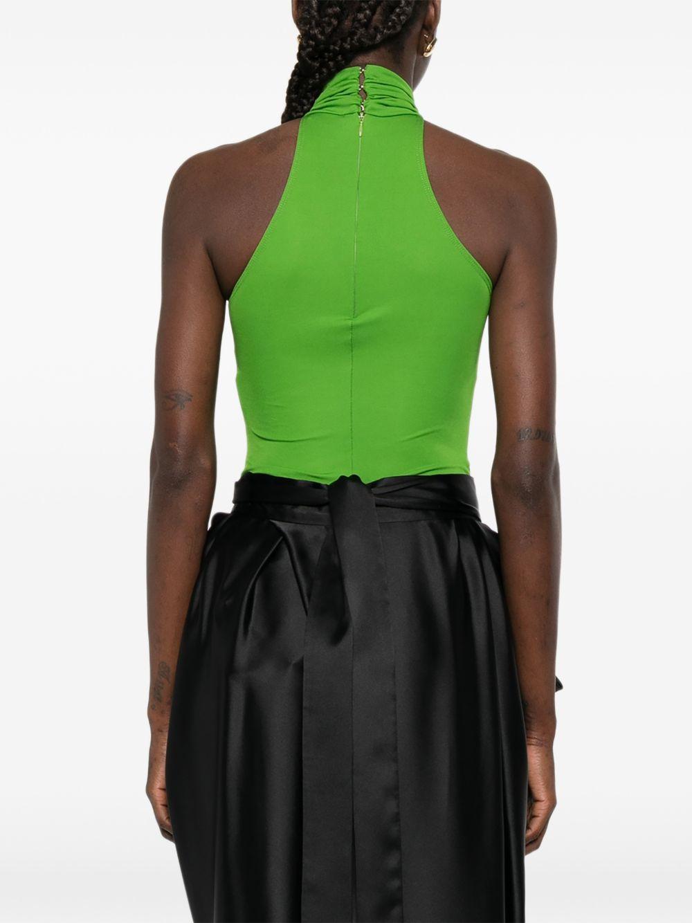ELISABETTA FRANCHI Body halter verde con collo alto e dettaglio gold-tone