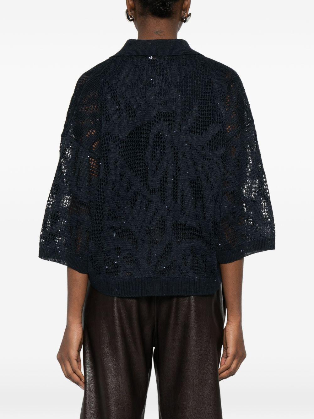 BRUNELLO CUCINELLI Blusa traforata in cotone blu scuro con scollo a V