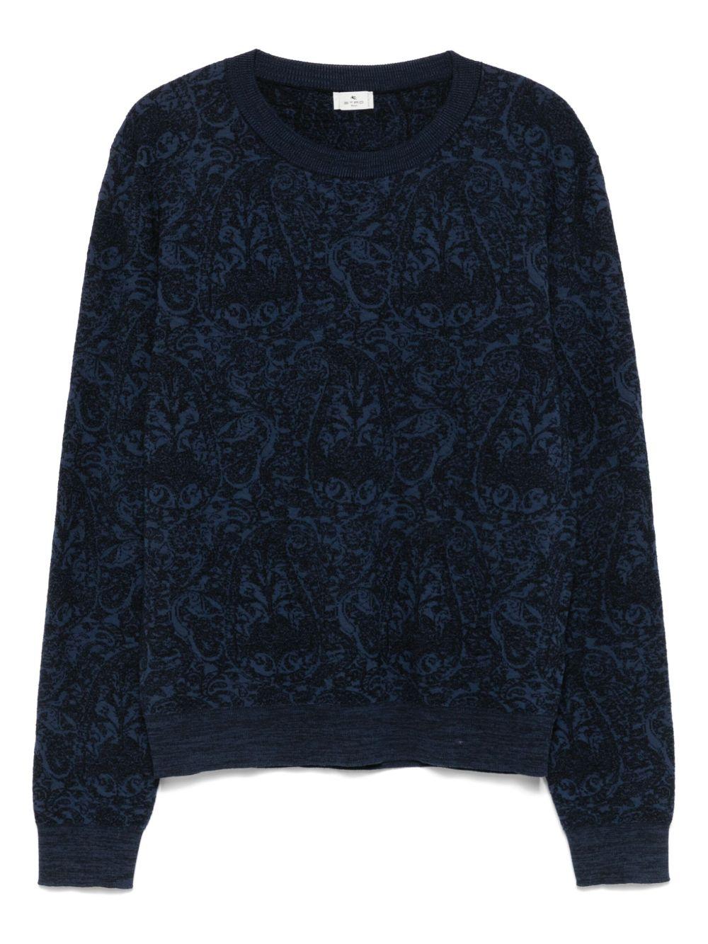 ETRO Maglione blu con stampa paisley in cotone misto lana