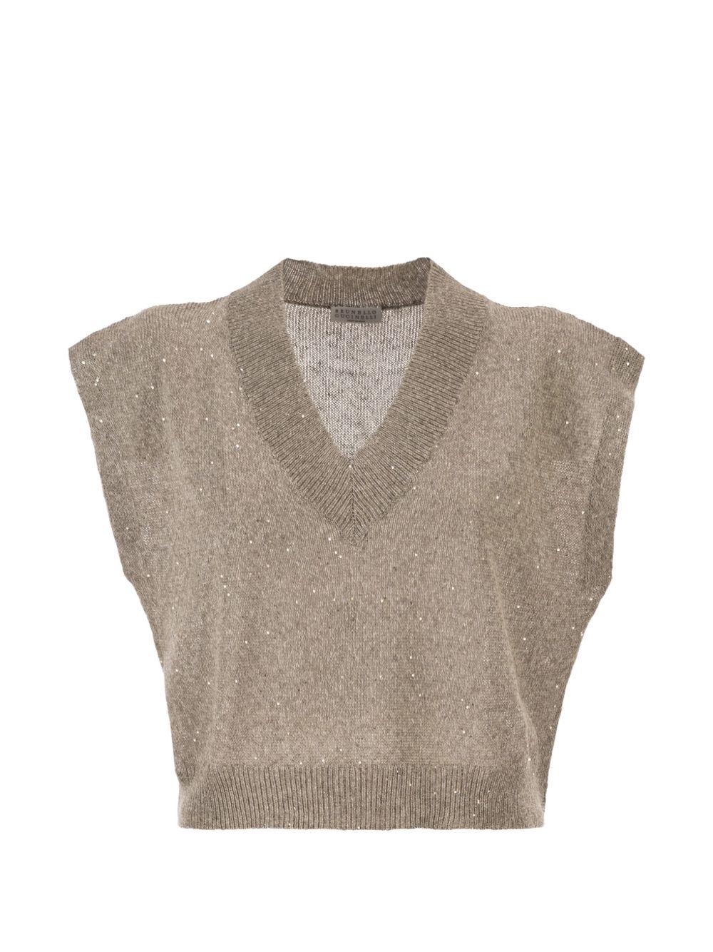 BRUNELLO CUCINELLI Gilet in maglia marrone con scollo a V e finiture a coste