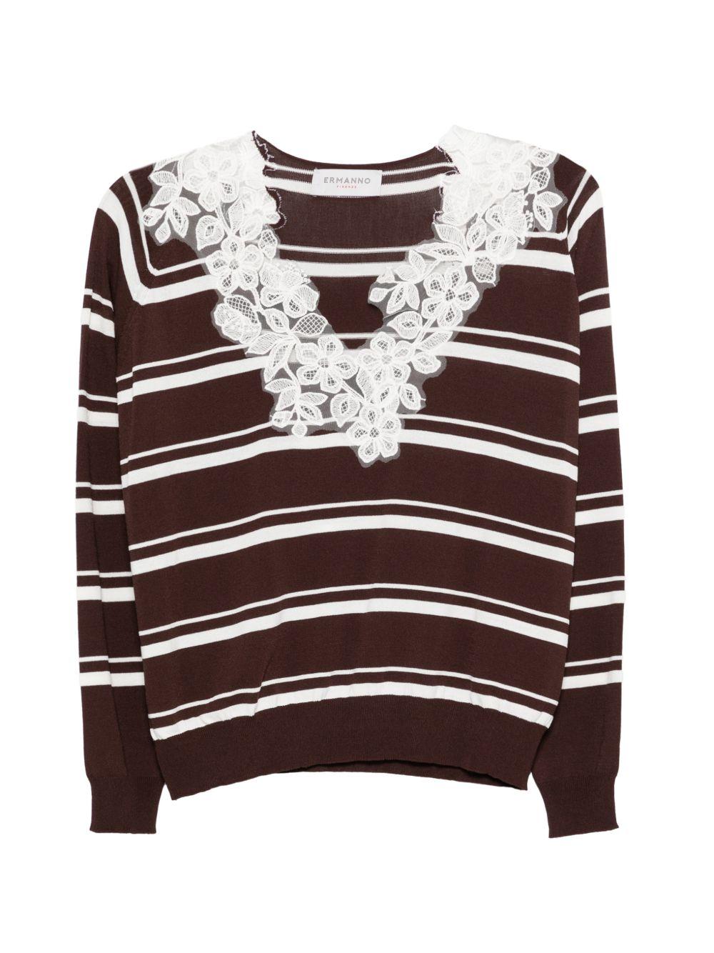 ERMANNO FIRENZE Maglia a righe con scollo a V impreziosito da pizzo bianco