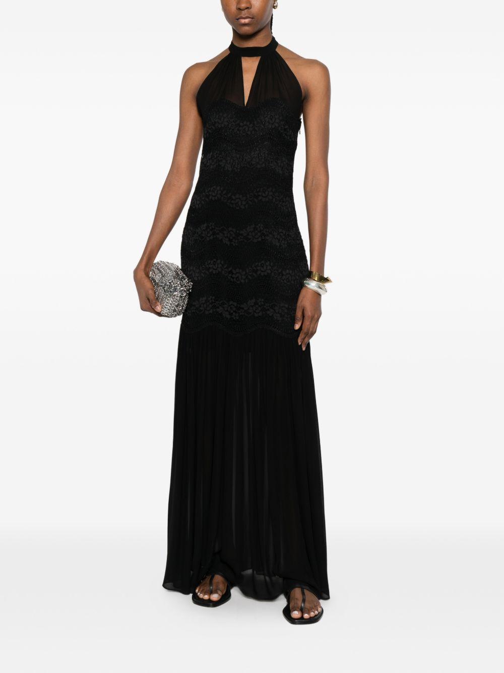 TWINSET Abito lungo nero semi trasparente con fiori ricamati