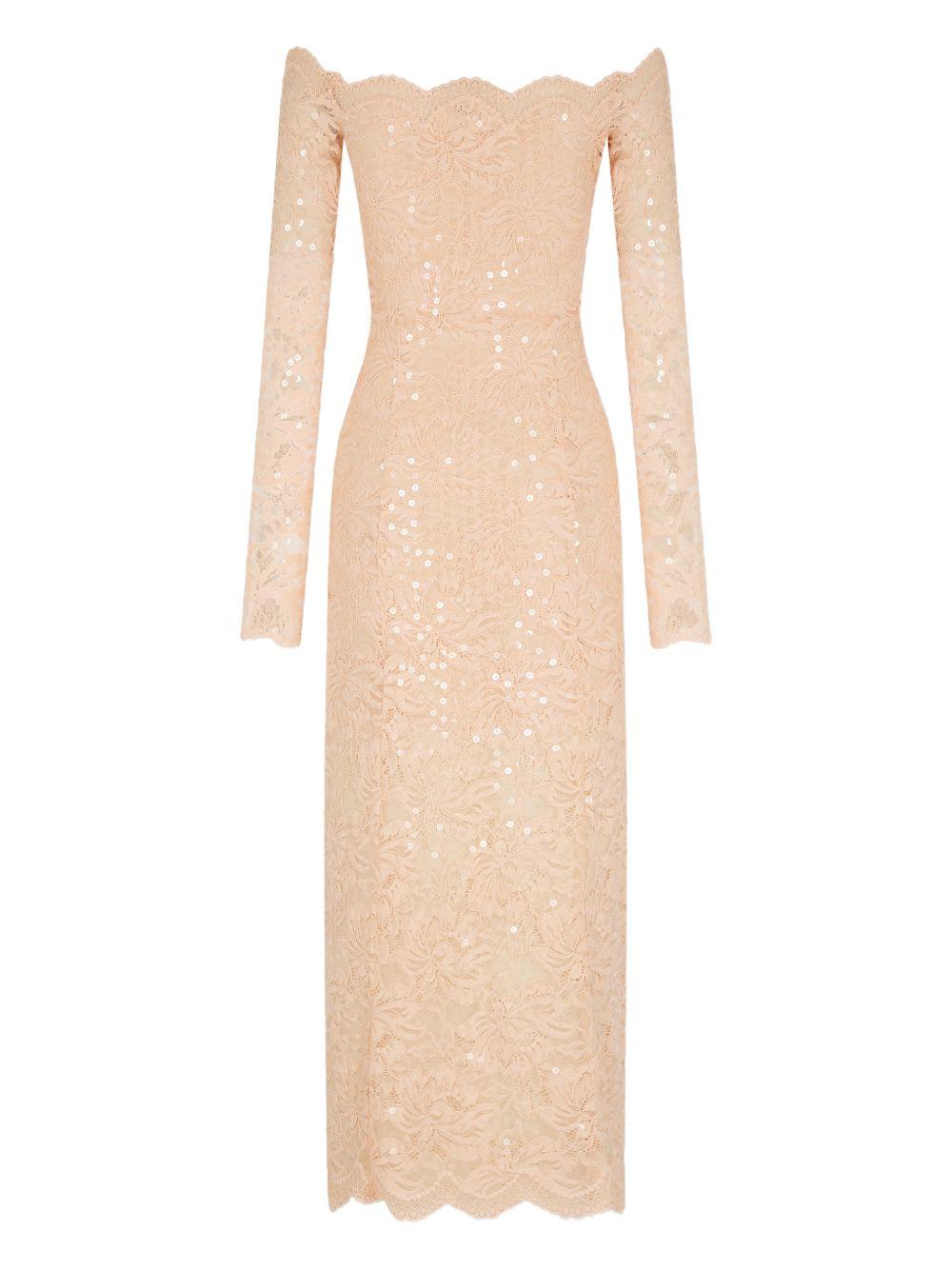 RABANNE Abito midi in pizzo rosa con strass