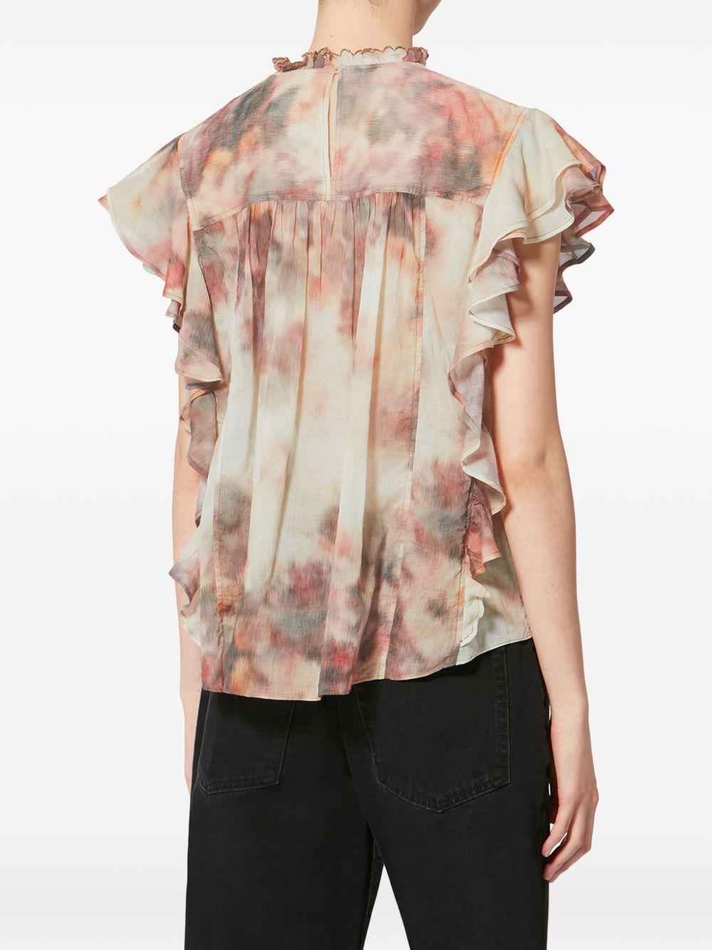 MARANT ETOILE Top neutro in cotone con colletto arricciato e maniche corte