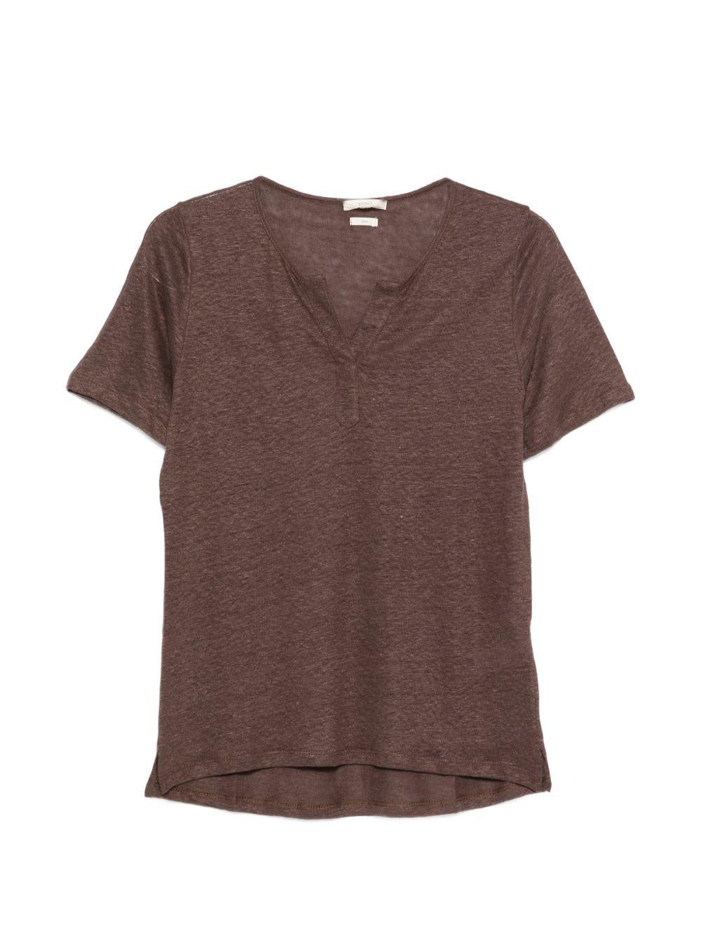 YERSE T-shirt Dunas a maniche corte in lino marrone con scollo a V
