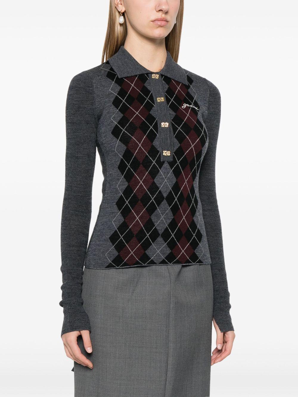 GANNI Polo a maniche lunghe in lana merino con intarsio a rombi