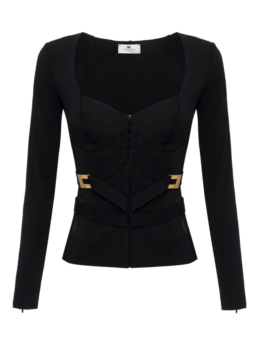 ELISABETTA FRANCHI Blazer in tessuto bielastico con dettagli logo oro